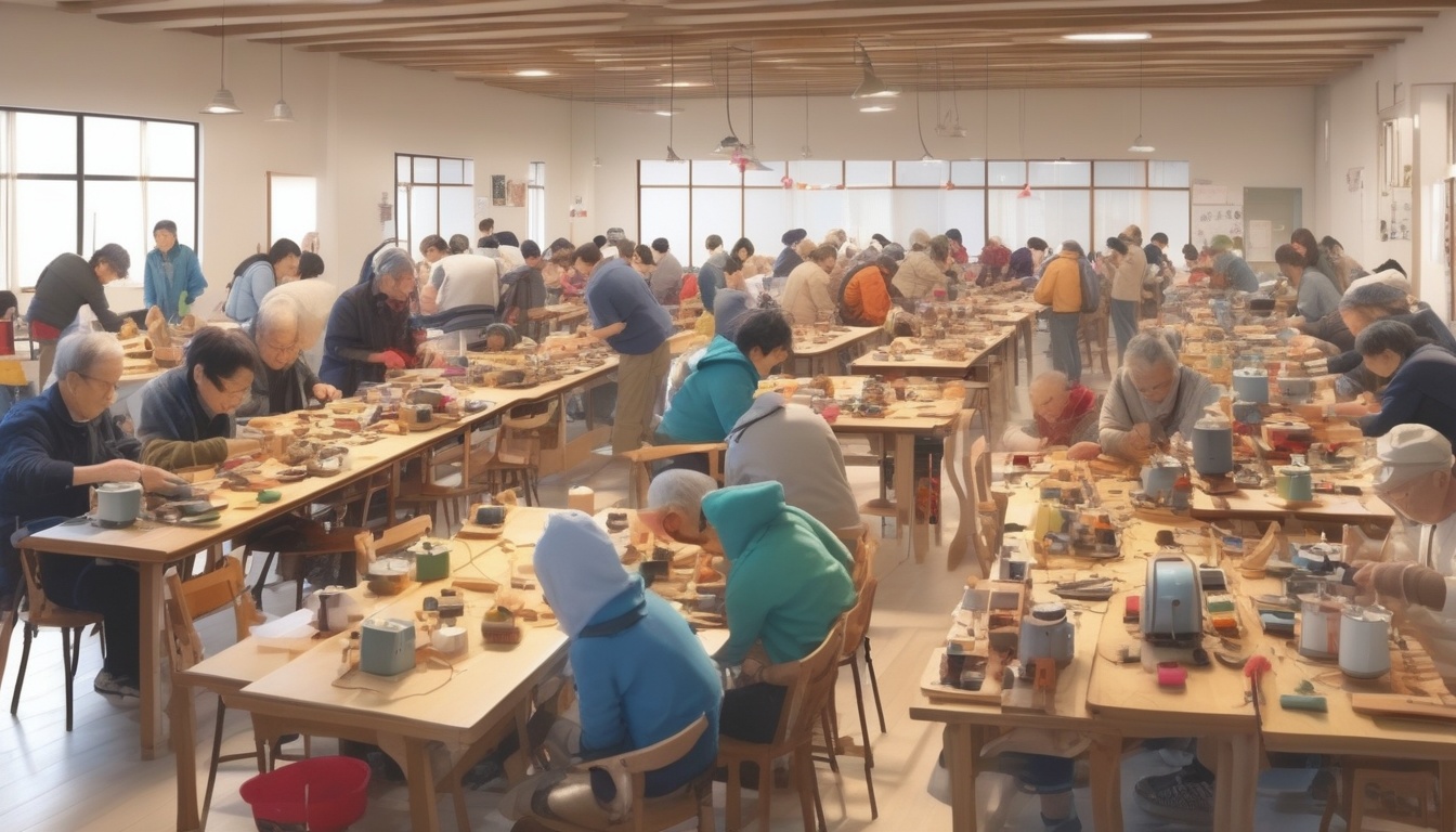 地域の会場で市民とボランティアが一緒に品物を修理するリペアカフェの様子