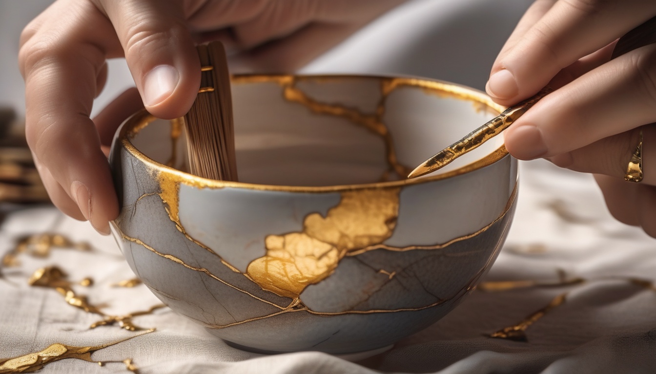 金継ぎで金の継ぎ目が施された陶器の茶碗と漆芸の道具