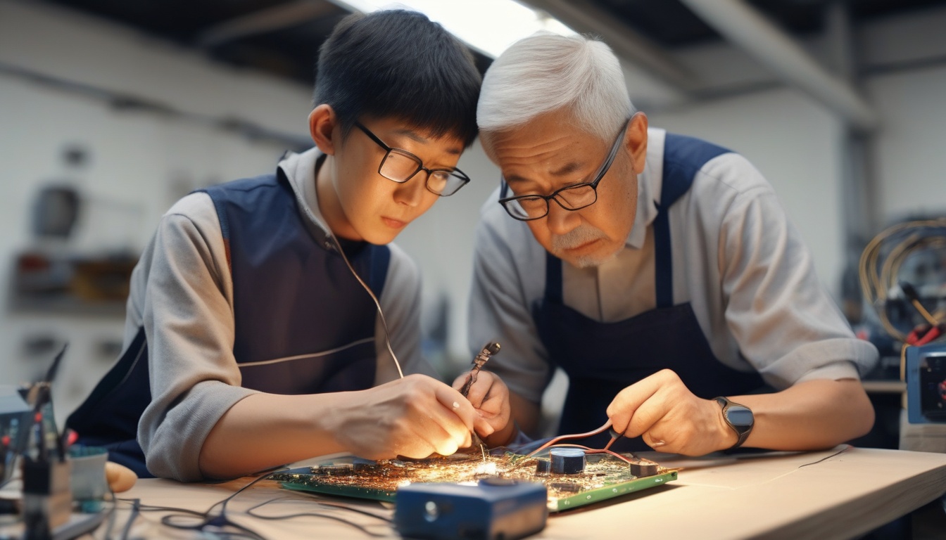 若手技術者に修理技術を指導するベテラン職人